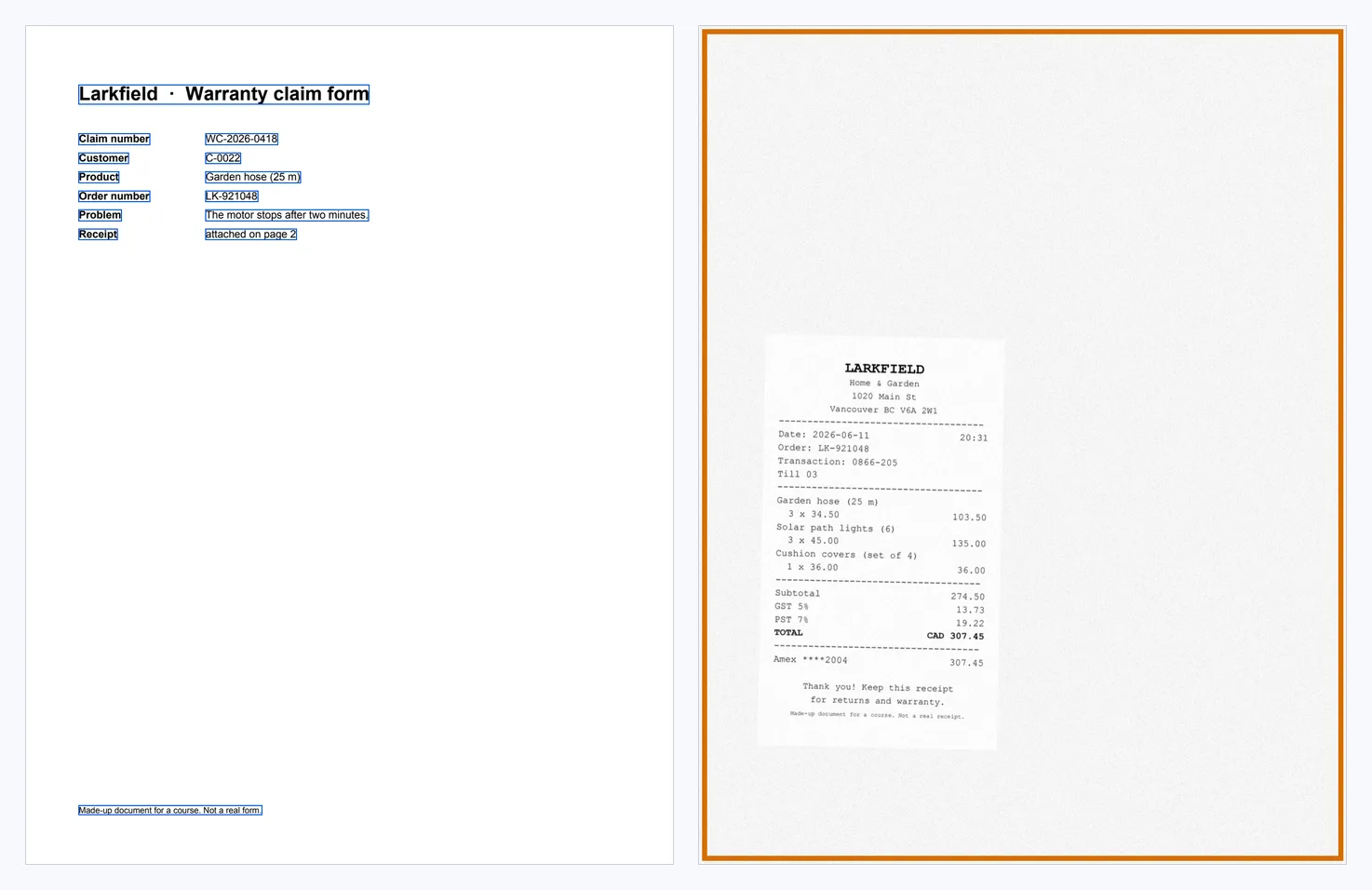 The two pages of the warranty claim D058. Page 1, left: a typed form, Larkfield Warranty claim form, with labels and values: claim number WC-2026-0418, customer C-0022, product Garden hose (25 m), order number LK-921048, problem The motor stops after two minutes, receipt attached on page 2. Each line has a blue box. Page 2, right: a grey page with a small scanned till receipt in the lower half; one thick orange box covers the whole page.