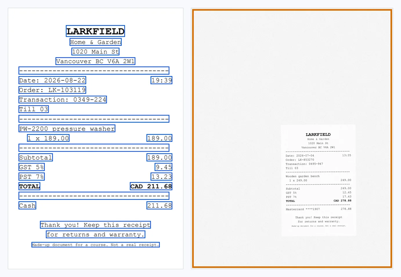 Two receipt pages side by side. Left: D011, a till receipt PDF. Every line of text has a thin blue box around it: LARKFIELD, Home and Garden, the address, the date, the order number, each item, the subtotal, the taxes, TOTAL CAD 211.68 and the payment. 29 boxes in all, and no orange box. Right: D019, a scanned PDF. One thick orange box covers the whole page. Inside it, a small receipt is visible, but no line has a blue box, because the page holds no characters.