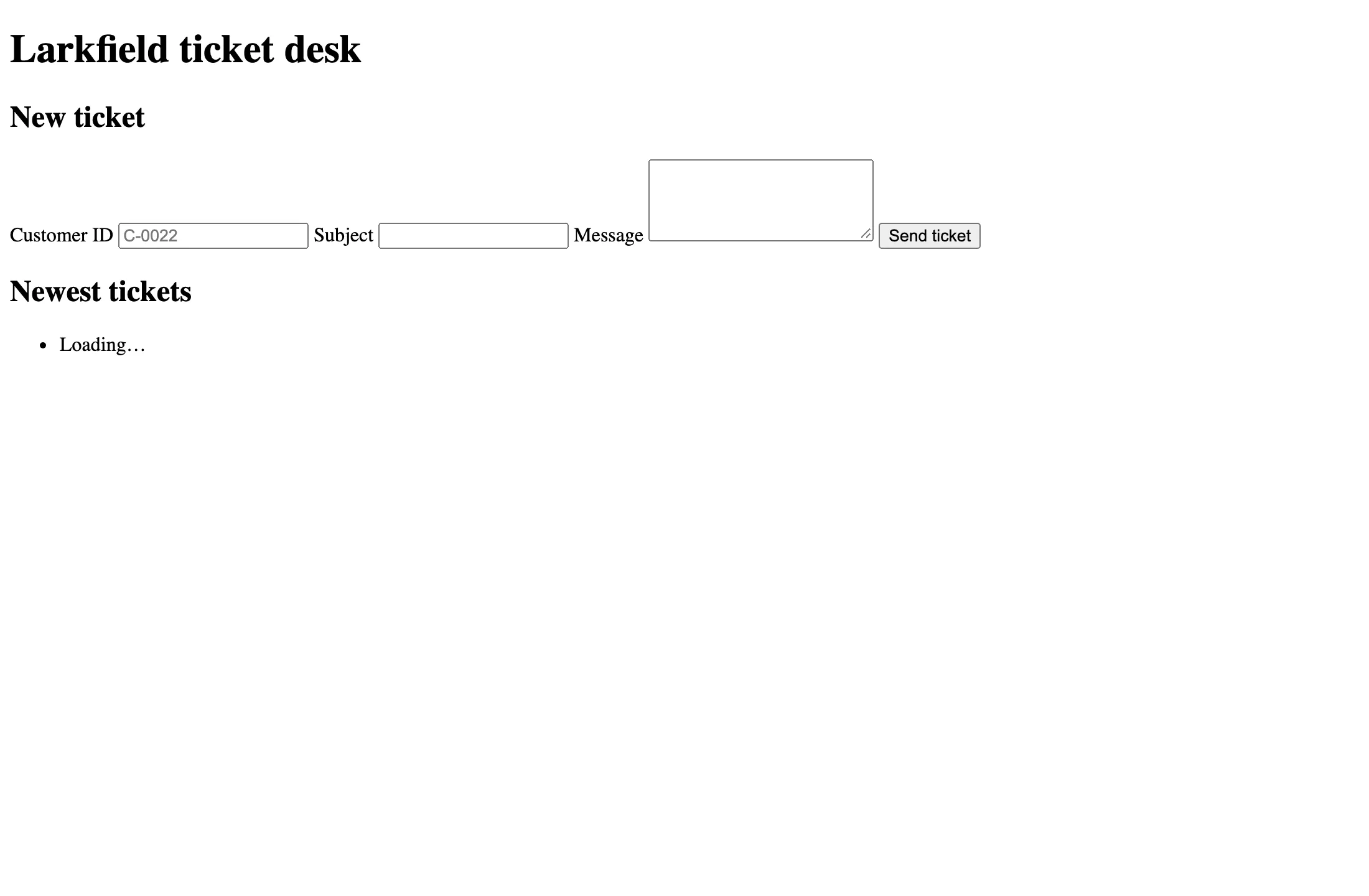The first page without a stylesheet: black serif text on white. A large heading Larkfield ticket desk, a heading New ticket, the three labels and fields and the Send ticket button all on one line, then a heading Newest tickets and a bullet list with one item, Loading.