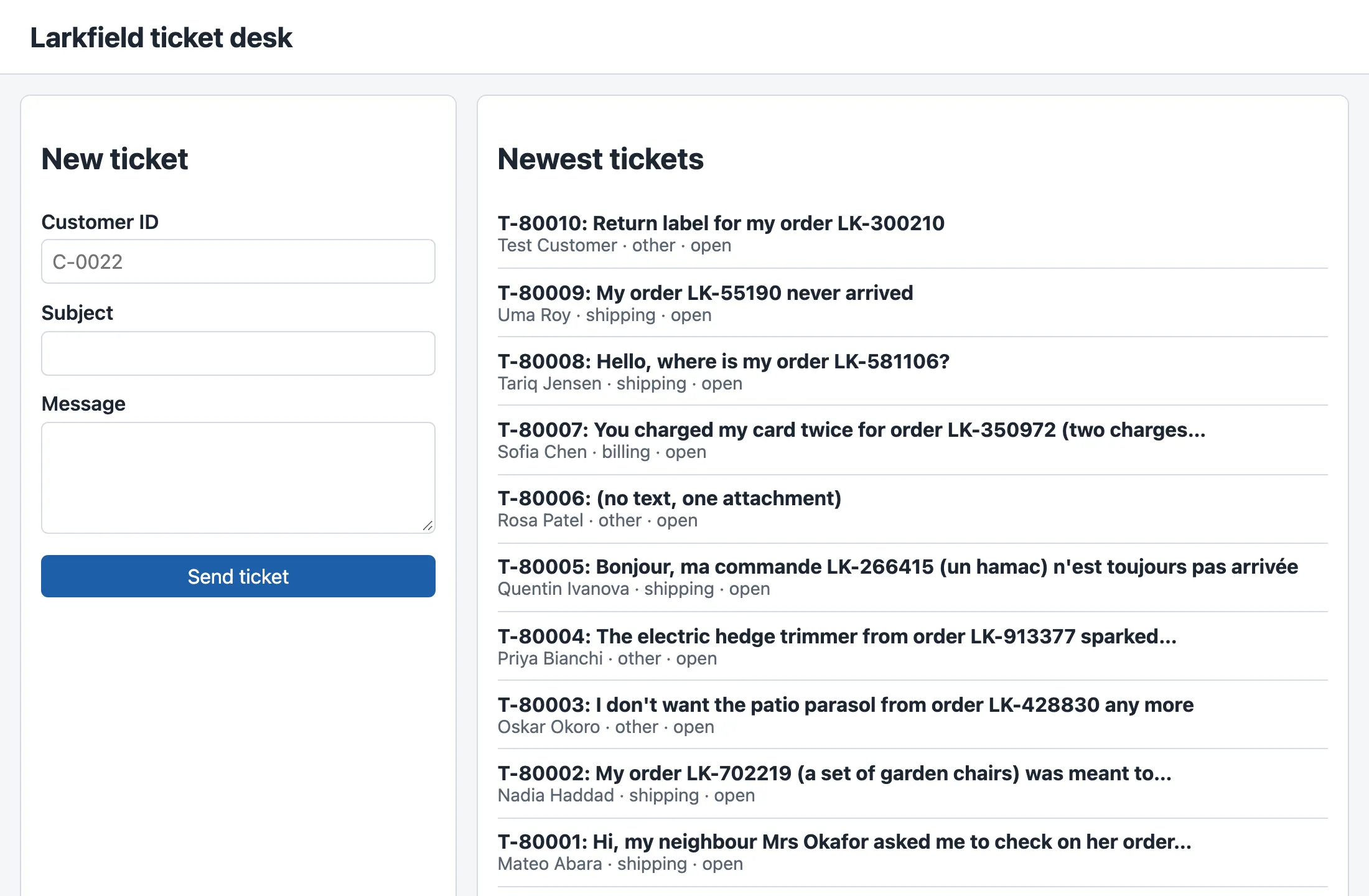 The first page with the list filled: ten tickets from T-80010 Return label for my order LK-300210 to T-80001, each with the customer, the team and the status in grey under its subject.
