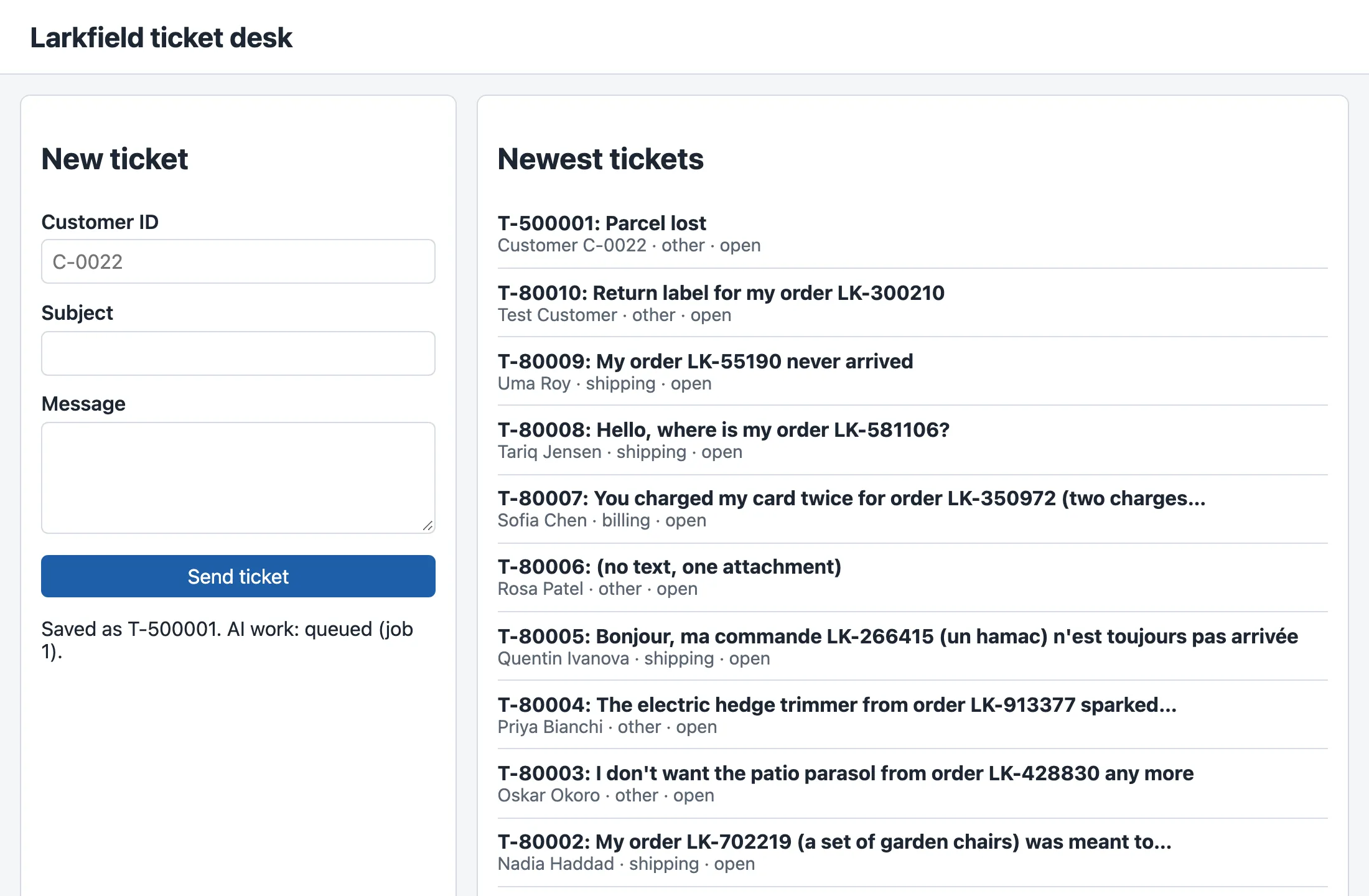 The same page after the form was sent: under the Send ticket button the text Saved as T-500001. AI work: queued (job 1). The list now starts with T-500001: Parcel lost, Customer C-0022, other, open.