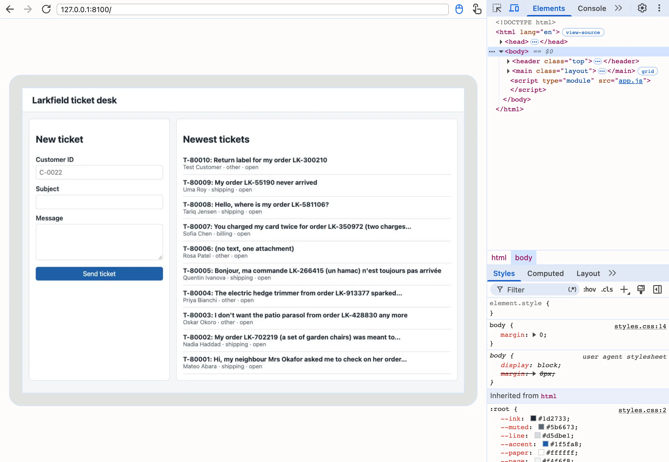 Chrome's developer tools next to the first page. The Elements panel shows the tree: html, head, body with header class top, main class layout with a grid badge, and the script app.js. Under it, the Styles pane for body shows the rule margin 0 from styles.css line 14, the browser's own rule margin 8px crossed out, and the custom properties of :root from styles.css line 2, such as --ink #1d2733.