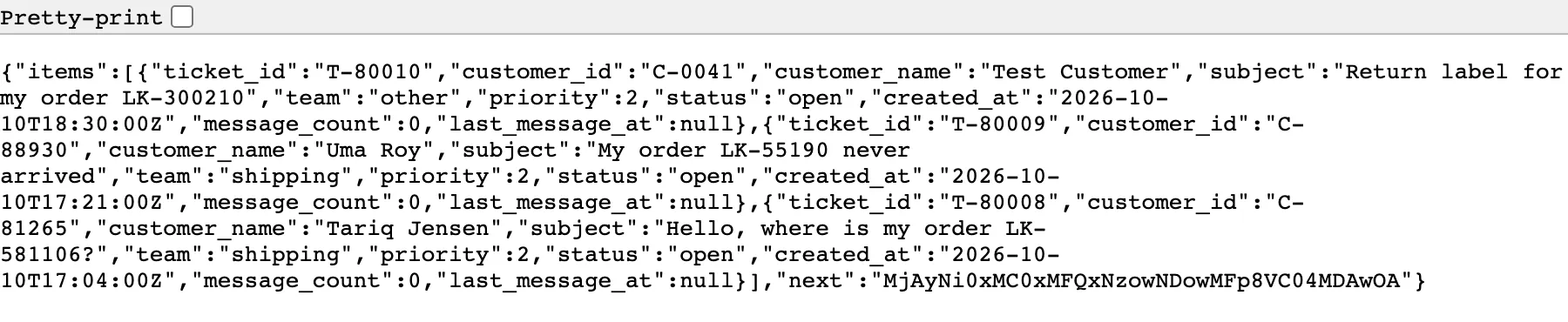 A browser tab that shows the JSON answer of the mock API for three tickets as plain text: the items T-80010, T-80009 and T-80008 with all their fields, and next at the end. A Pretty-print checkbox is at the top.