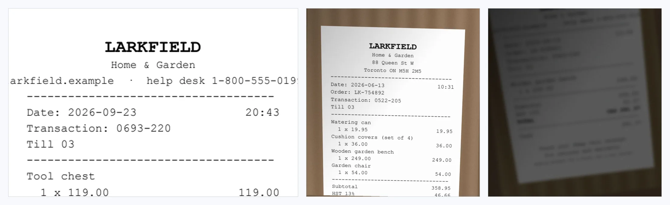 Three receipts. Left: the top of D003, a Larkfield till receipt; under the date, the line Transaction: 0693-220 and Till 03, and no Order line. Middle: D045, a phone photo of a till receipt; the photo ends at the HST line, so the total and the payment are not in the picture. Right: D046, a phone photo so blurred and dark that no word can be read.