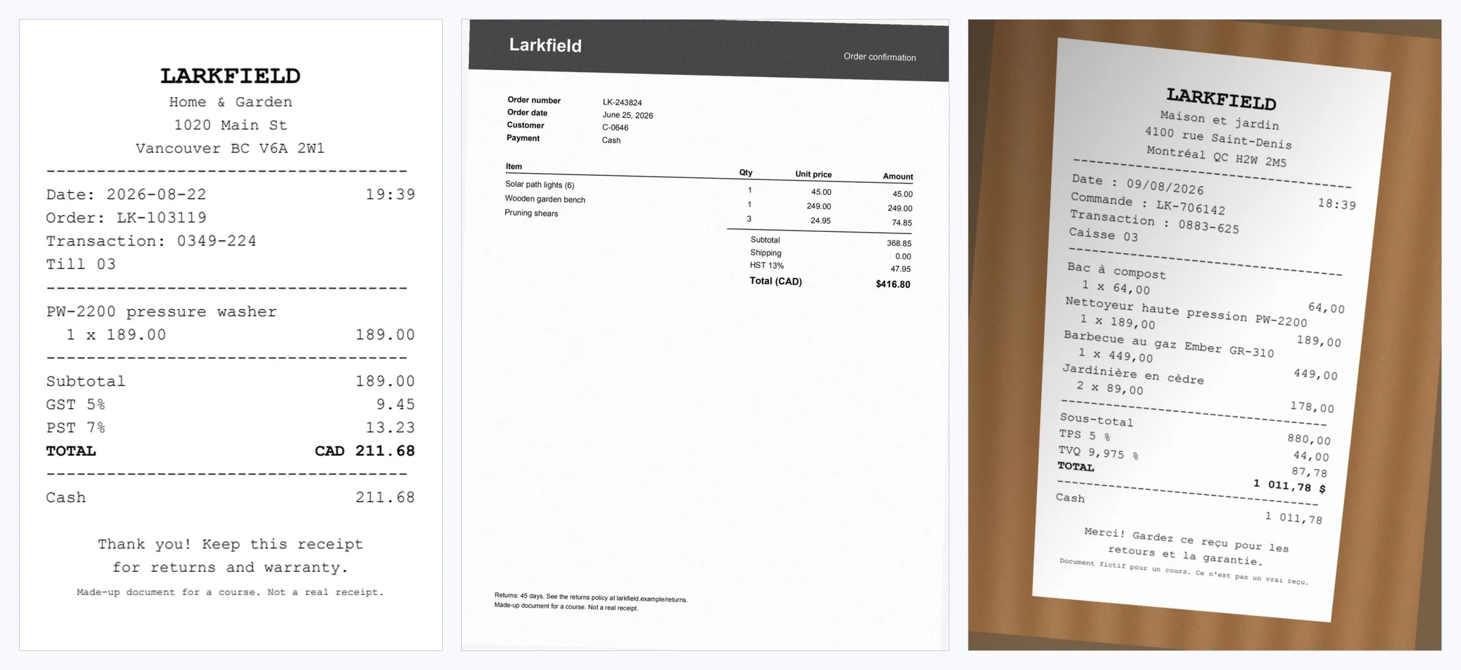 Three receipts side by side. Left: D011, a narrow till receipt from Larkfield in Vancouver, sharp black text on white: a pressure washer at 189.00, GST 9.45, PST 13.23, TOTAL CAD 211.68, paid in cash. Middle: D020, a scanned online order on a letter page, slightly grey and a little crooked: three items, subtotal 368.85, shipping 0.00, HST 47.95, total 416.80. Right: D036, a phone photo of a French till receipt from Montréal on a wooden table, turned a few degrees: four items, sous-total 880,00, TPS and TVQ, total 1 011,78 dollars.