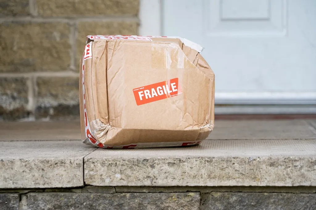 A brown cardboard box on a stone doorstep in front of a white door. The box is crushed and creased, one corner is pushed in, and it has a red FRAGILE sticker and red and white tape. The box is closed: nothing inside it is visible.