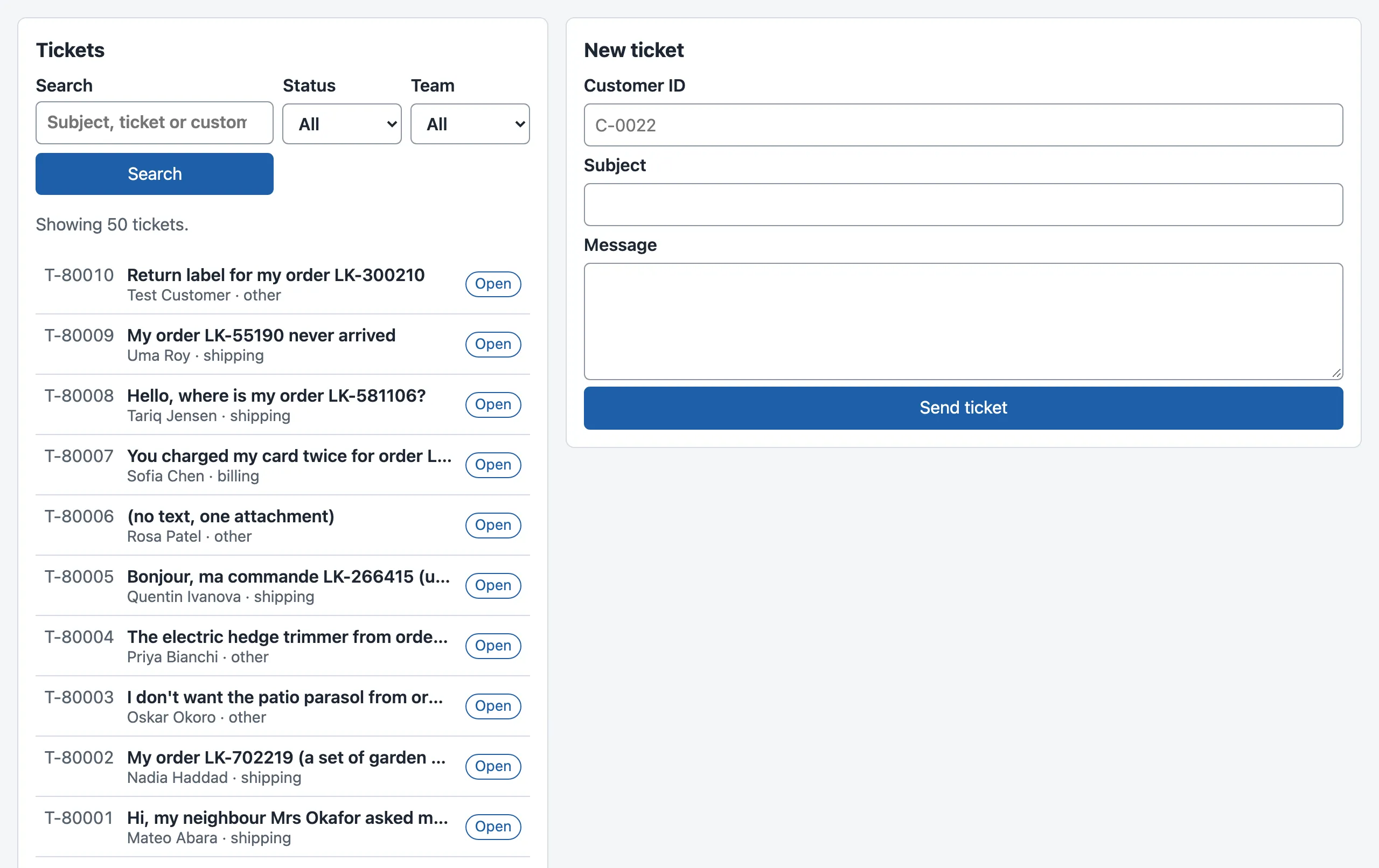 The Larkfield ticket desk in a browser. On the left, the Tickets list with a search box, Status and Team menus, a Search button, the text Showing 50 tickets, and rows such as T-80010 Return label for my order LK-300210, Test Customer, other, with an Open label. On the right, the New ticket form with Customer ID, Subject and Message and a Send ticket button.