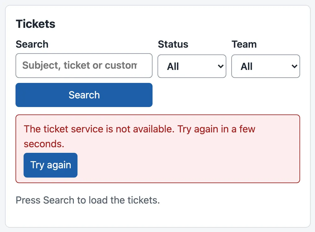 The Tickets list with a red box: The ticket service is not available. Try again in a few seconds. Inside the box, a Try again button.