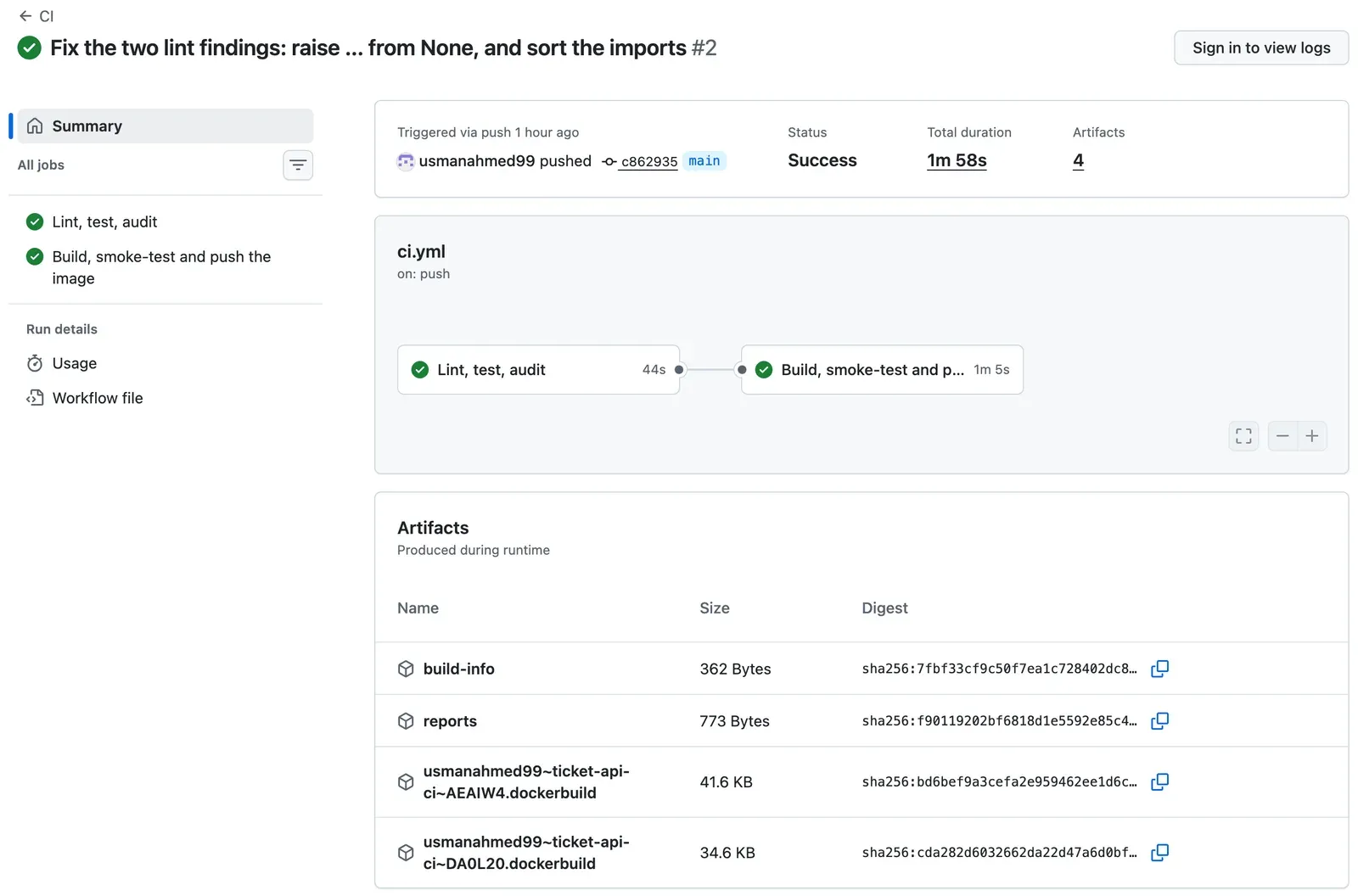 The run page of CI run 2, Fix the two lint findings, with status Success, total duration 1m 58s and 4 artifacts, triggered via push of commit c862935 to main. The job graph for ci.yml on push shows Lint, test, audit, green, 44s, connected to Build, smoke-test and push the image, green, 1m 5s. The Artifacts table lists build-info (362 bytes), reports (773 bytes) and two files that end in .dockerbuild (41.6 KB and 34.6 KB), each with a sha256 digest.