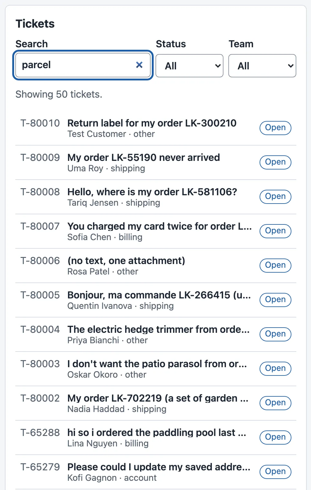 The Tickets list. The search box says parcel. Below: Showing 50 tickets. The first row is T-80010, Return label for my order LK-300210, Test Customer: the same first row as with no search at all.