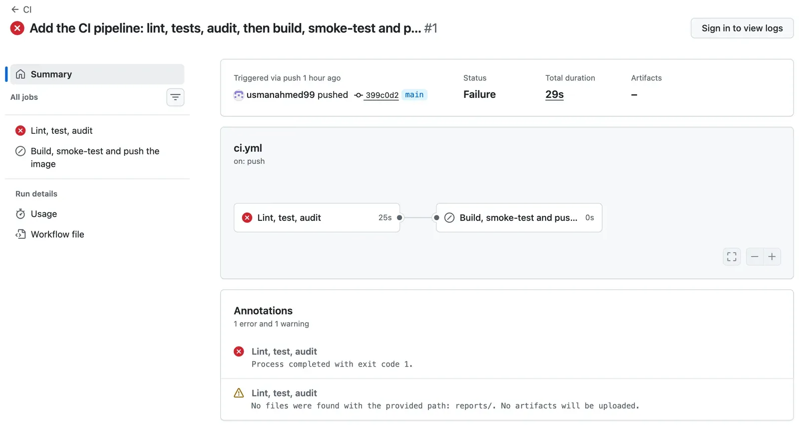 The run page of CI run 1, Add the CI pipeline, with status Failure, total duration 29s, no artifacts, triggered via push of commit 399c0d2 to main. The job graph shows Lint, test, audit with a red cross after 25s, connected to Build, smoke-test and push the image, which was skipped after 0s. Annotations: 1 error and 1 warning. The error, Lint, test, audit: Process completed with exit code 1. The warning, Lint, test, audit: No files were found with the provided path: reports/. No artifacts will be uploaded.