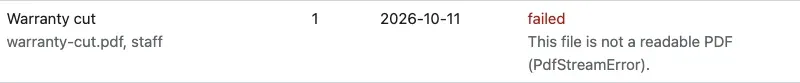 One row of the documents table: Warranty cut, warranty-cut.pdf, staff, version 1, in force from 2026-10-11, status failed in red, with the reason: This file is not a readable PDF (PdfStreamError).