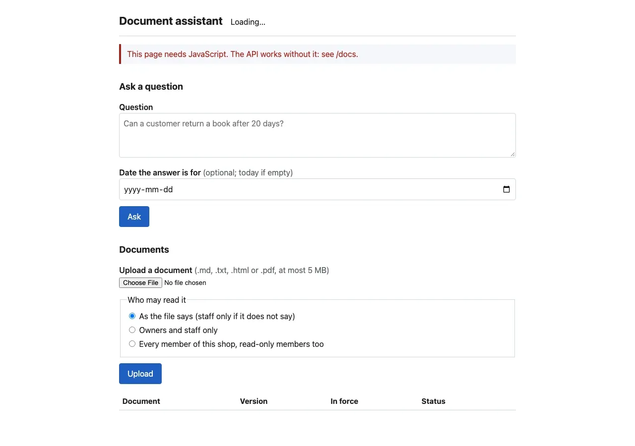 The page with JavaScript turned off. The header says Loading…. A red box below it: This page needs JavaScript. The API works without it: see /docs. The forms are shown, and the documents table is empty.