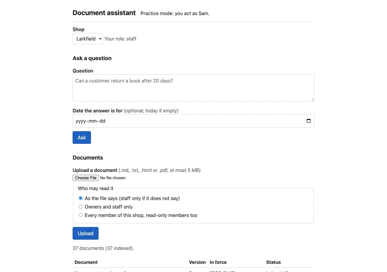 The page at 1280 pixels wide. The header says Document assistant, Practice mode: you act as Sam. Below: the shop list with Larkfield and Your role: staff; the Ask a question form with a question box, a date field and an Ask button; the Documents section with a file chooser, three choices for who may read it, an Upload button, the line 37 documents (37 indexed), and the top of the documents table.