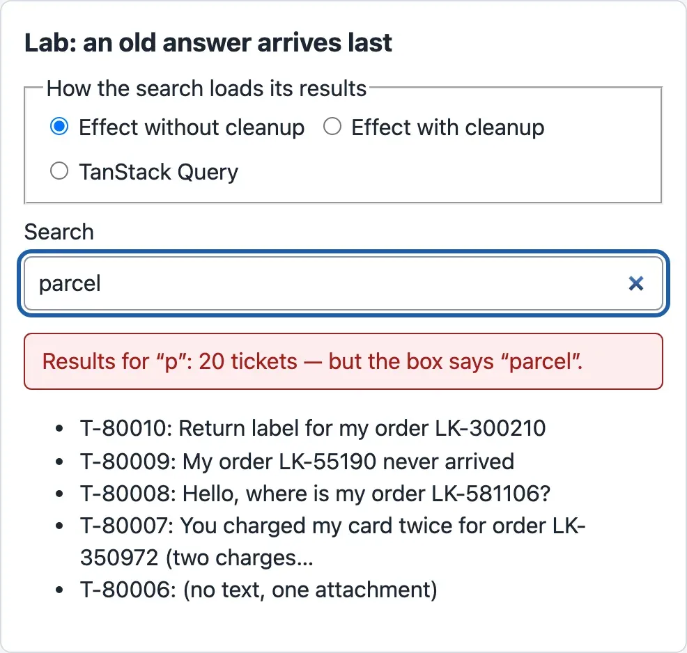 The lab page An old answer arrives last. The radio button Effect without cleanup is chosen. The search box says parcel. Below it, a red line: Results for p: 20 tickets, but the box says parcel. Five tickets follow, such as T-80010 Return label for my order LK-300210, which do not contain the word parcel.