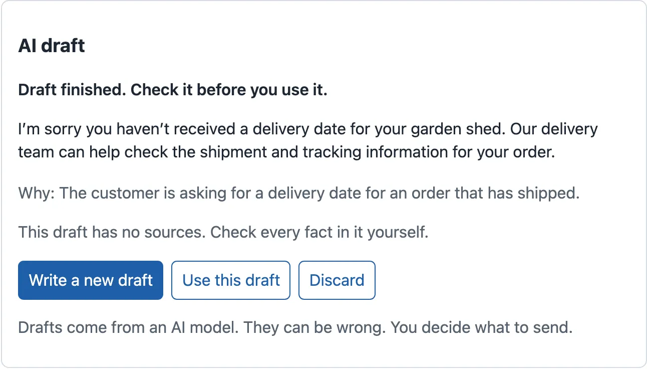 The panel of T-80008 when the draft is finished. Bold text: Draft finished. Check it before you use it. The full reply in black: I’m sorry you haven’t received a delivery date for your garden shed. Our delivery team can help check the shipment and tracking information for your order. Below it: Why: The customer is asking for a delivery date for an order that has shipped. Then: This draft has no sources. Check every fact in it yourself. Three buttons: Write a new draft, Use this draft, Discard.