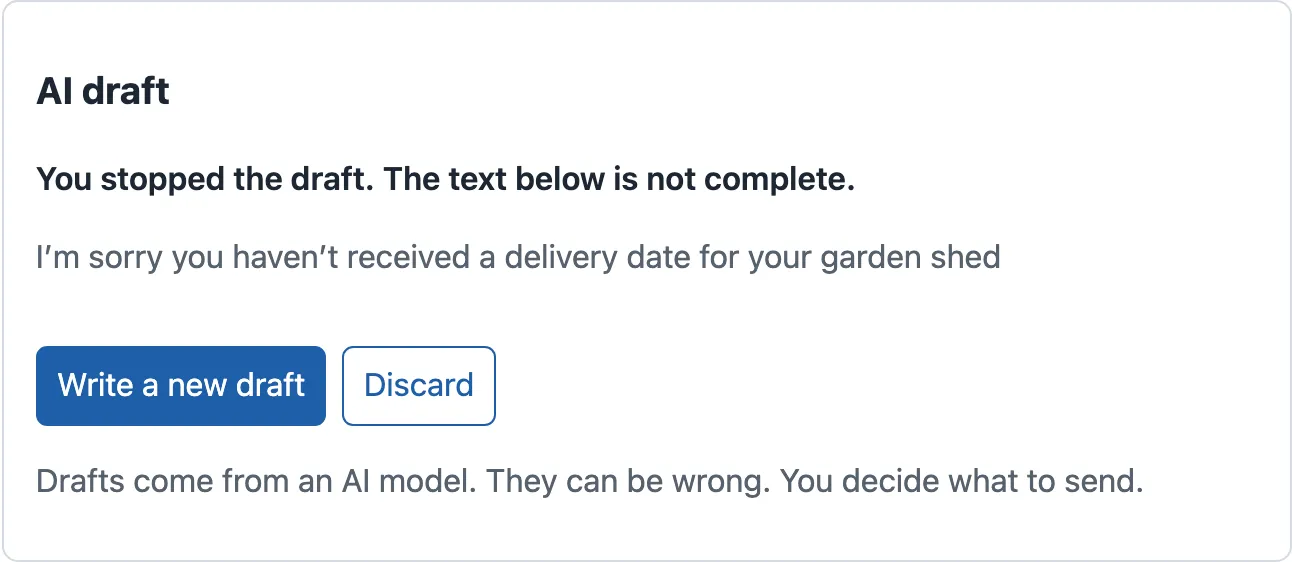 The same panel after Stop. Bold text: You stopped the draft. The text below is not complete. The partial reply is grey. Two buttons: Write a new draft and Discard. There is no Use this draft button.
