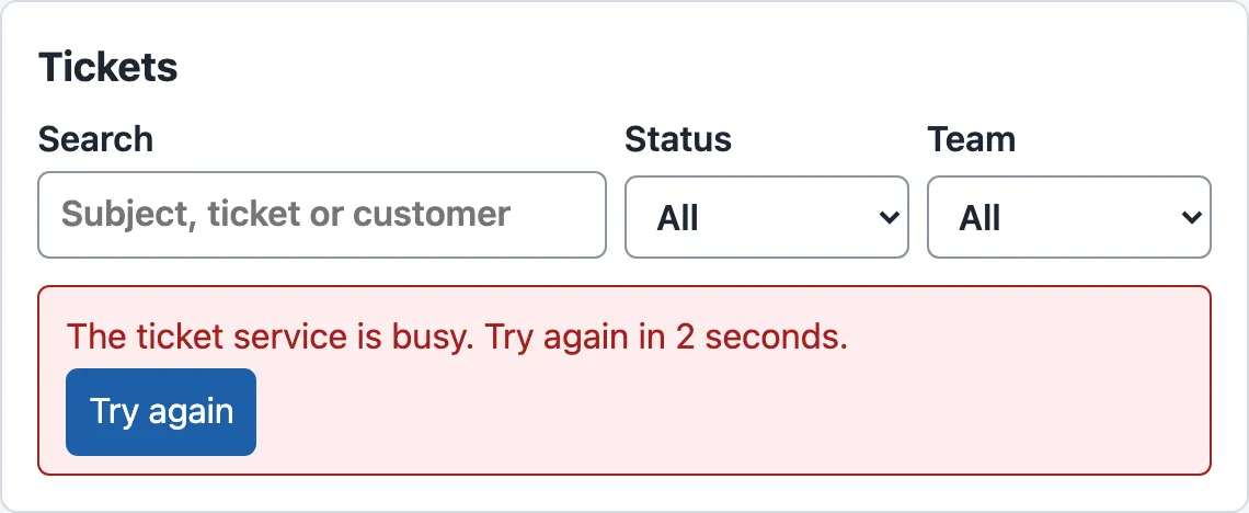The ticket list with a red box: The ticket service is busy. Try again in 2 seconds. A Try again button is inside the box.