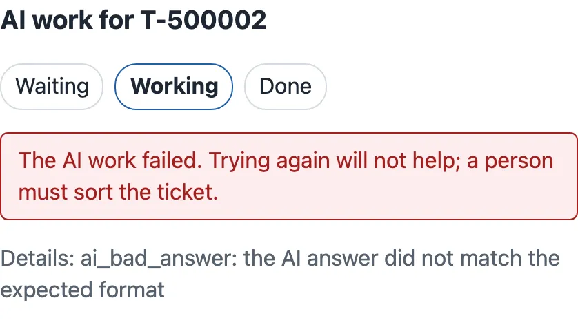 The job panel of a failed job: the steps with Working in bold, a red sentence The AI work failed. Trying again will not help; a person must sort the ticket., and Details: ai_bad_answer: the AI answer did not match the expected format. No button.