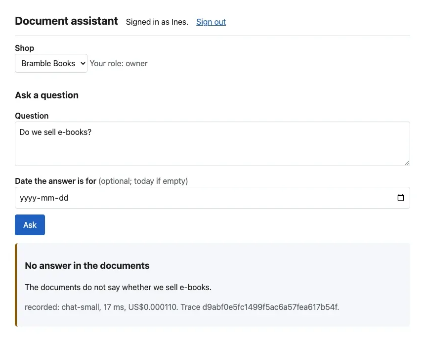 The document assistant signed in as Ines, Bramble Books, role owner. The question Do we sell e-books? has the answer box No answer in the documents: The documents do not say whether we sell e-books. Recorded: chat-small, 17 ms, US$0.000110, and a trace ID.