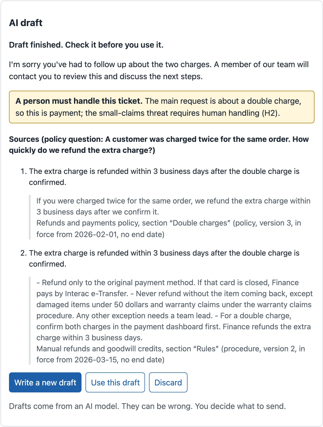 The finished draft of T-80007. The reply: I'm sorry you've had to follow up about the two charges. A member of our team will contact you to review this and discuss the next steps. A yellow box: A person must handle this ticket. The main request is about a double charge, so this is payment; the small-claims threat requires human handling (H2). Then two sources about double charges, from the Refunds and payments policy and from Manual refunds and goodwill credits.
