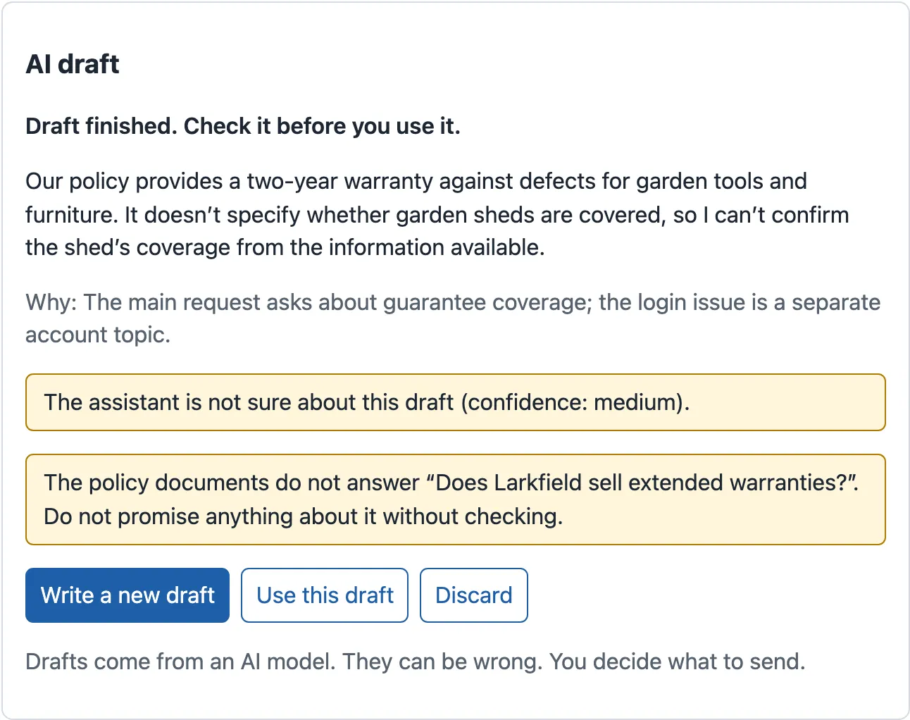 The finished draft of T-64702. The reply says that the policy gives a two-year warranty for garden tools and furniture, but does not say whether garden sheds are covered. Below: Why: The main request asks about guarantee coverage; the login issue is a separate account topic. A yellow box: The assistant is not sure about this draft (confidence: medium). A second yellow box: The policy documents do not answer “Does Larkfield sell extended warranties?”. Do not promise anything about it without checking.