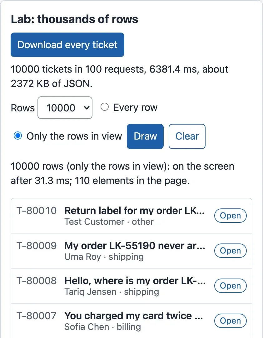 The list lab with Rows 10000 and Only the rows in view selected. The result line: 10000 rows (only the rows in view): on the screen after about 30 ms; 110 elements in the page.