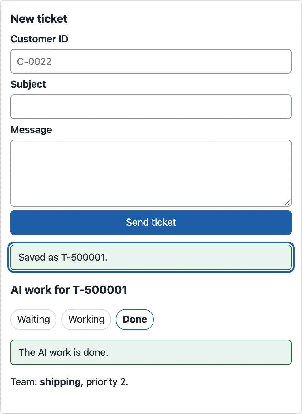 The New ticket card after sending. Under the empty form, a green box Saved as T-500001 has a blue focus outline, and below it the job status says The AI work is done, with the team shipping.