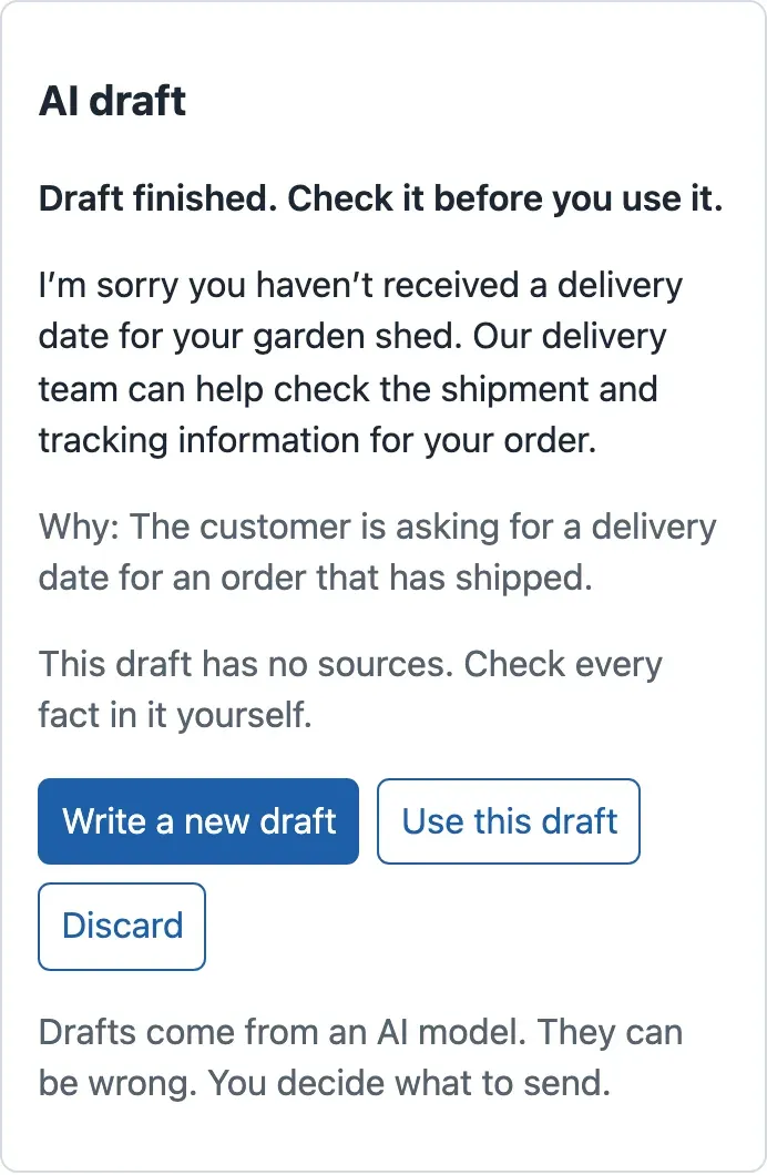 The AI draft panel on a phone-sized screen, 412 pixels wide. The state line Draft finished, the draft about the garden shed, the reason, the note that the draft has no sources, and the buttons Write a new draft and Use this draft on one line, with Discard below.