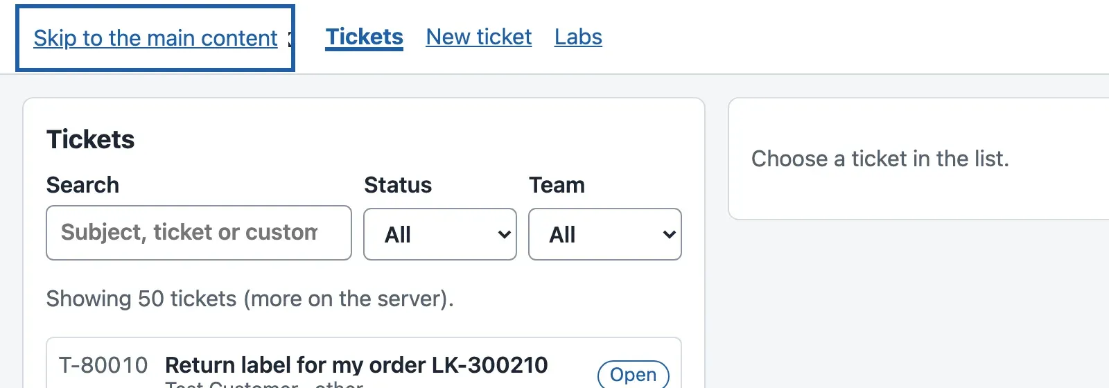 The top of the desk. In the top-left corner, over the header, a white box with a blue outline shows the link Skip to the main content.