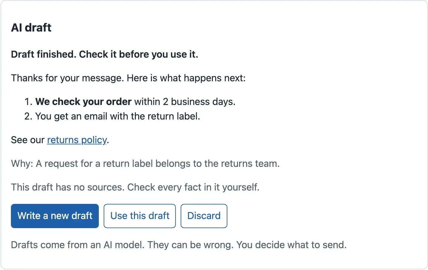 The draft panel of T-80010 after this lesson. The draft shows a formatted numbered list with We check your order in bold, a blue link returns policy, and no image or dialog.