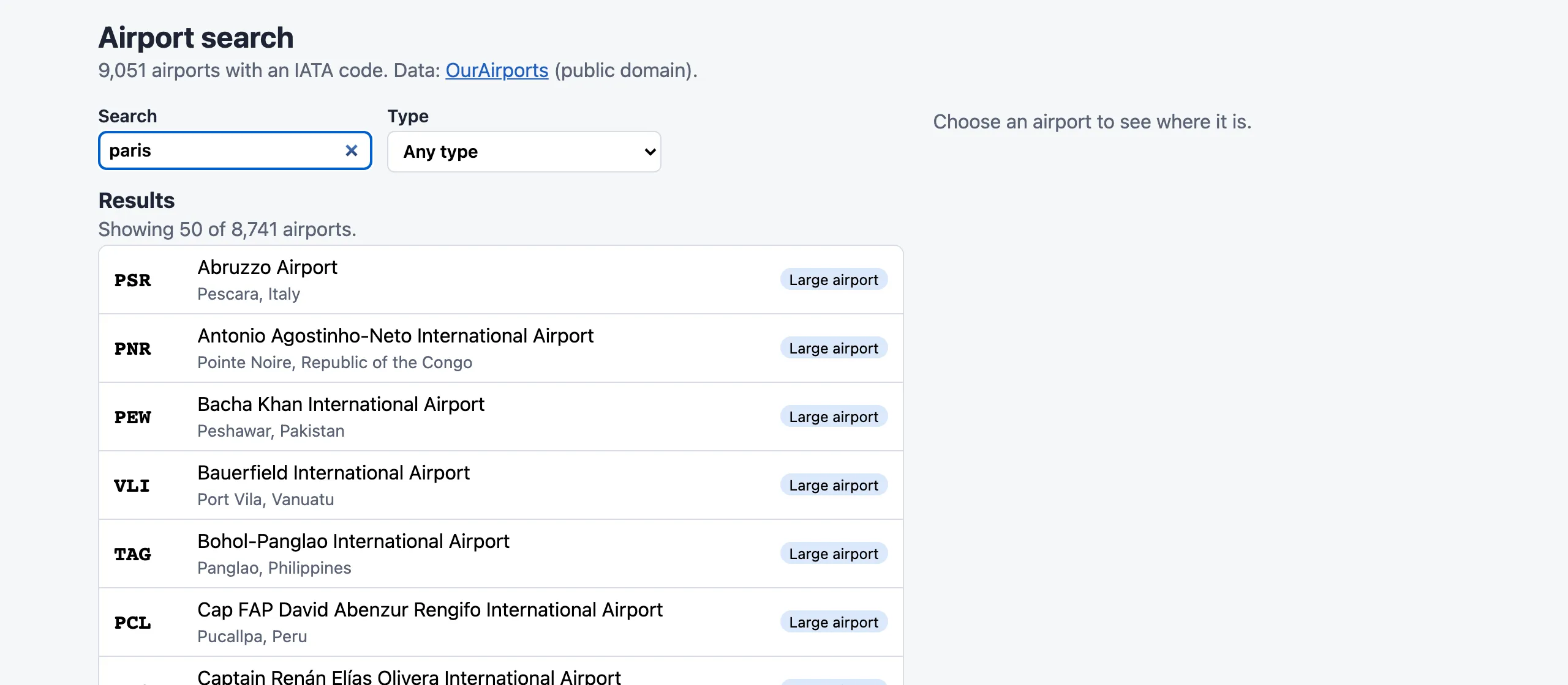The airport search page. The search box says paris. The results line says: Showing 50 of 8,741 airports. The first rows are large airports whose city starts with P: Abruzzo Airport in Pescara, Antonio Agostinho-Neto International Airport in Pointe-Noire, Bacha Khan International Airport in Peshawar. None of them is in Paris.