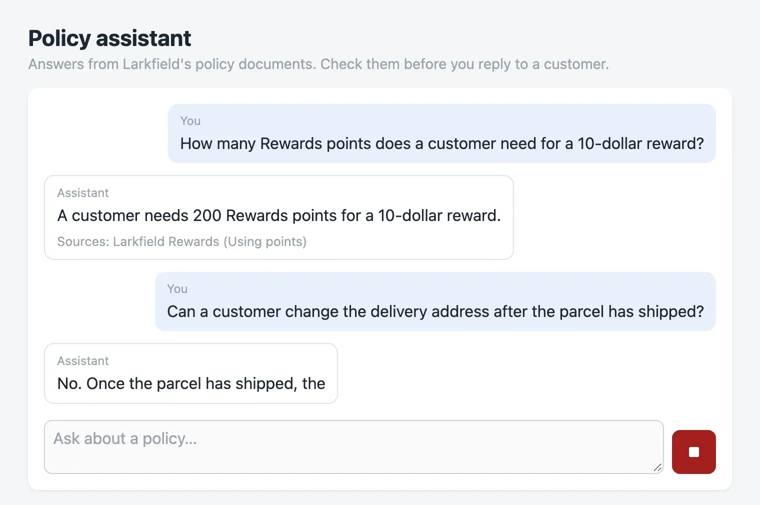 The starter chat while the second reply is written. The message box is greyed out, a red square button without text is on its right, and nothing on the page has a focus outline. The small grey labels You, Assistant and the sources line are hard to read.