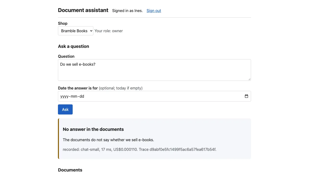 The document assistant, signed in as Ines at Bramble Books. The question 'Do we sell e-books?' and a box with an orange edge titled 'No answer in the documents': The documents do not say whether we sell e-books. recorded: chat-small, 17 ms, US$0.000110.