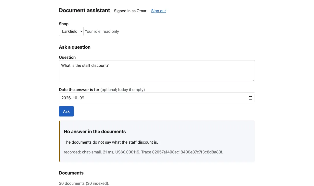 The document assistant, signed in as Omar, read only at Larkfield. The question 'What is the staff discount?' with the date 2026-10-09, and a box 'No answer in the documents': The documents do not say what the staff discount is. recorded: chat-small, 21 ms, US$0.000119. Below starts the list: 30 documents, all indexed; the 6 staff-only documents are not counted.