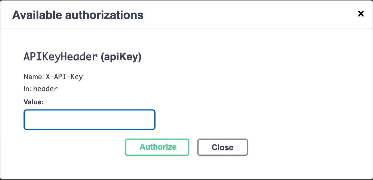 The Available authorizations dialog: APIKeyHeader (apiKey), Name: X-API-Key, In: header, an empty Value field, and the buttons Authorize and Close.